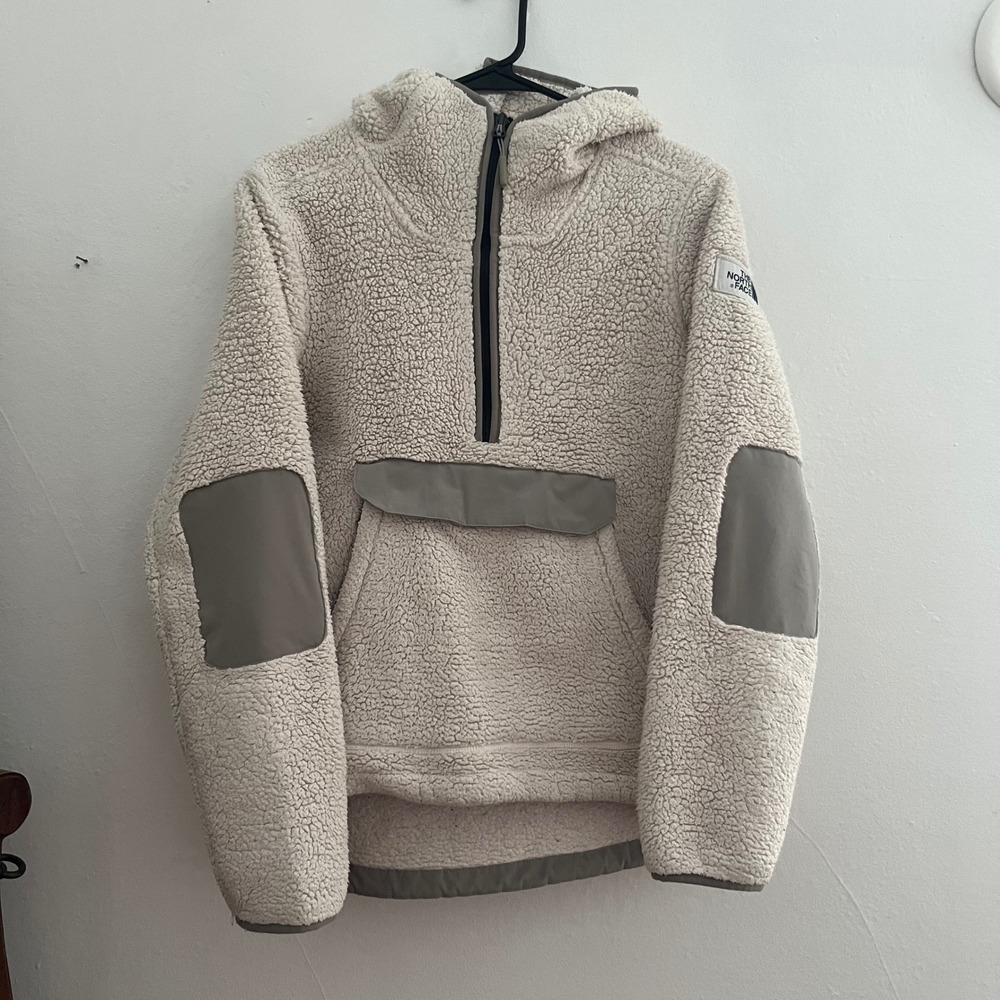 The North Face Campshire Sherpa Fleece Hooded 1/4 Zip Pullover Sweater Beige M